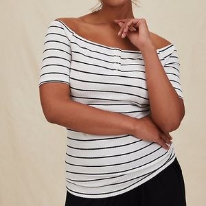White with black stripe off shoulder Henley top